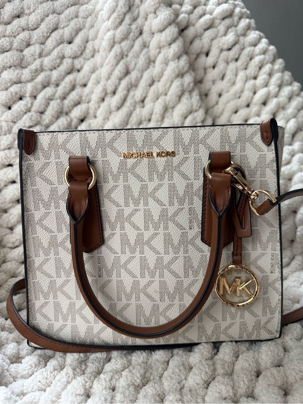 Michael Kors Vanilla Signature Canvas Satchel with Brown Trim